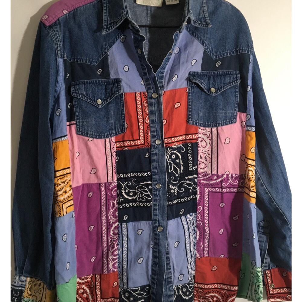 Patchwork Vintage Women's Sz XL Button up Bandana Cowgirl Multicolor Denim Shirt - Picture 3 of 5